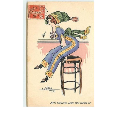 n°14625 - Naillod - Hé !! l'entravée, saute donc comme çà. - Jeune femme assise sur un tabouret d'un bar