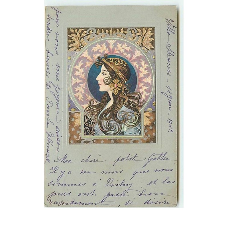 n°14626 - Carte Gaufrée - Art Nouveau - Profil d'une jeune femme