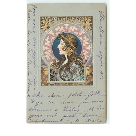 n°14626 - Carte Gaufrée - Art Nouveau - Profil d'une jeune femme