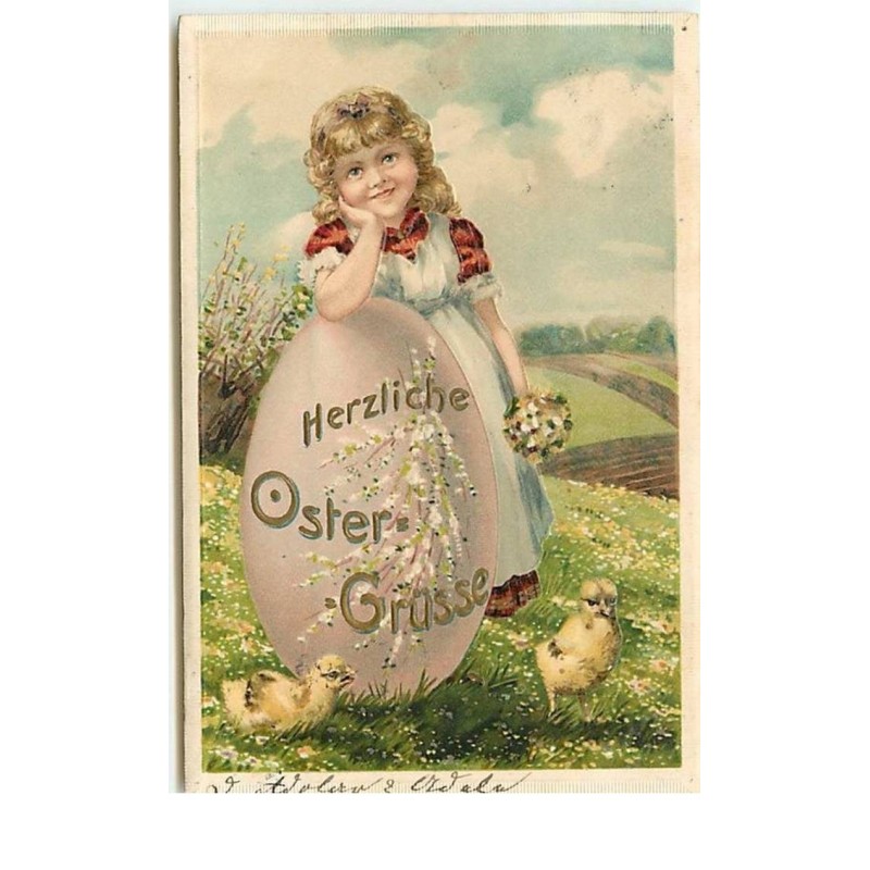n°14634 - Carte en relief - Herzliche Oster-Grüsse - Fillette s'appuyant sur un oeuf avec des poussins autour