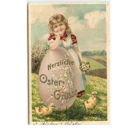 n°14634 - Carte en relief - Herzliche Oster-Grüsse - Fillette s'appuyant sur un oeuf avec des poussins autour
