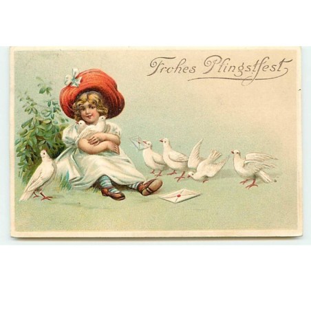 n°14638 - Carte Gaufrée - Frohes Pfingstfest - Fillette câlinant une colombe