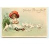 n°14638 - Carte Gaufrée - Frohes Pfingstfest - Fillette câlinant une colombe