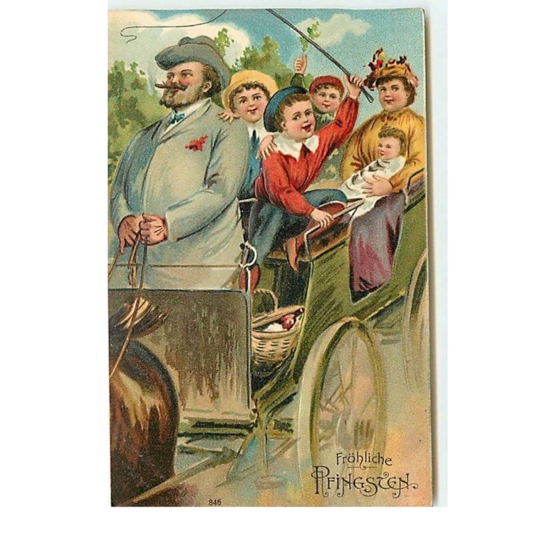 n°14640 - Carte Gaufrée - Fröhliche Pfingsten - Famille dans une calèche