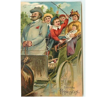 n°14640 - Carte Gaufrée - Fröhliche Pfingsten - Famille dans une calèche