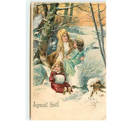 n°14644 - Carte Gaufrée - Joyeux Noël - Anges avec un ange gardien dans la forêt avec une biche