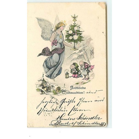 n°14680 - Fröhliche Weihnachten - Ange gardien apportant un sapin à des nains, lutins