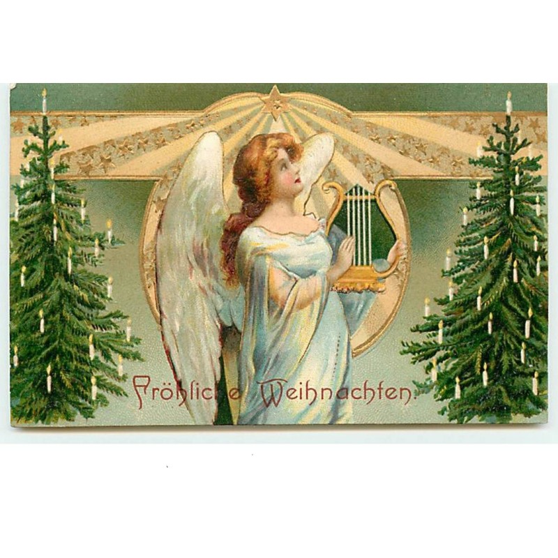 n°14683 - Carte Gaufrée - Clapsaddle - Fröhliche Weihnachten - Ange gardien jouant de la lyre
