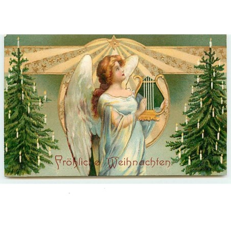n°14683 - Carte Gaufrée - Clapsaddle - Fröhliche Weihnachten - Ange gardien jouant de la lyre