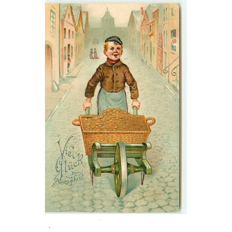 n°14687 - Viel Glück zum neuen Jahre - Garçon poussant une brouette remplie de pièces d'or