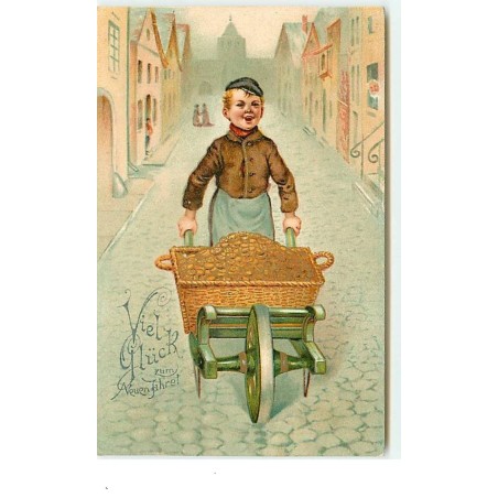 n°14687 - Viel Glück zum neuen Jahre - Garçon poussant une brouette remplie de pièces d'or
