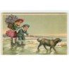 n°14694 - Carte Gaufrée - Enfants faisant du patins à glace, tirés par un chien