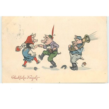 n°14731 - Glückliches Neujahr - Cochons habillés dansant
