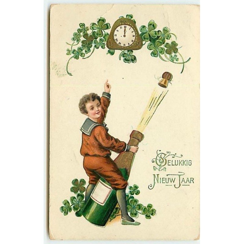 n°14734 - Gelukkig Nieuw Jaar - Garçon à califourchon sur une bouteille de champagne - horloge