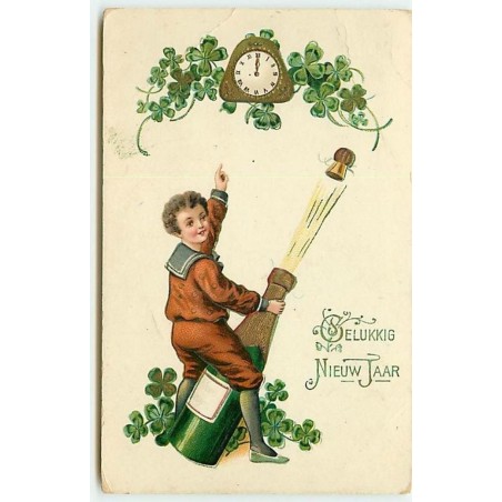n°14734 - Gelukkig Nieuw Jaar - Garçon à califourchon sur une bouteille de champagne - horloge