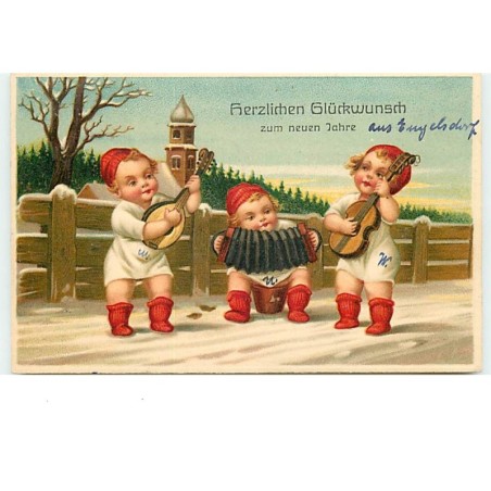 n°14735 - Carte Gaufrée - Herzlichen Glückwunsch zum neuen Jahre - Bébés jouant de la musique