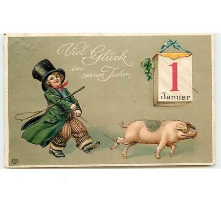 n°14739 - Carte Gaufrée - Viel Glück im neuen Jahre - Enfants tenant un cochon par une patte