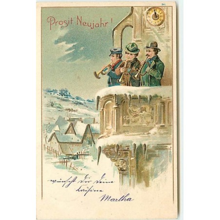 n°14741 - Prosit Neujahr - Hommes jouant de la musique près d'un clocher