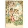 n°14746 - Carte Gaufrée - Fröhliche Ostern - Jeune femme ouvrant un oeuf contenant des lièvres