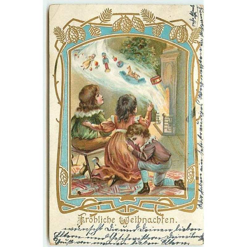 n°14750 - Fröhliche Weihnachten - Enfants regardant des cadeaux sortir de la cheminée
