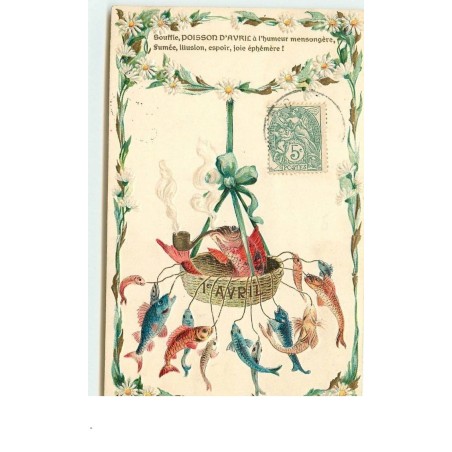 n°14778 - Carte Gaufrée - 1er Avril - Souffle Poisson d'Avril  ... - Panier avec poisson fumant une pipe