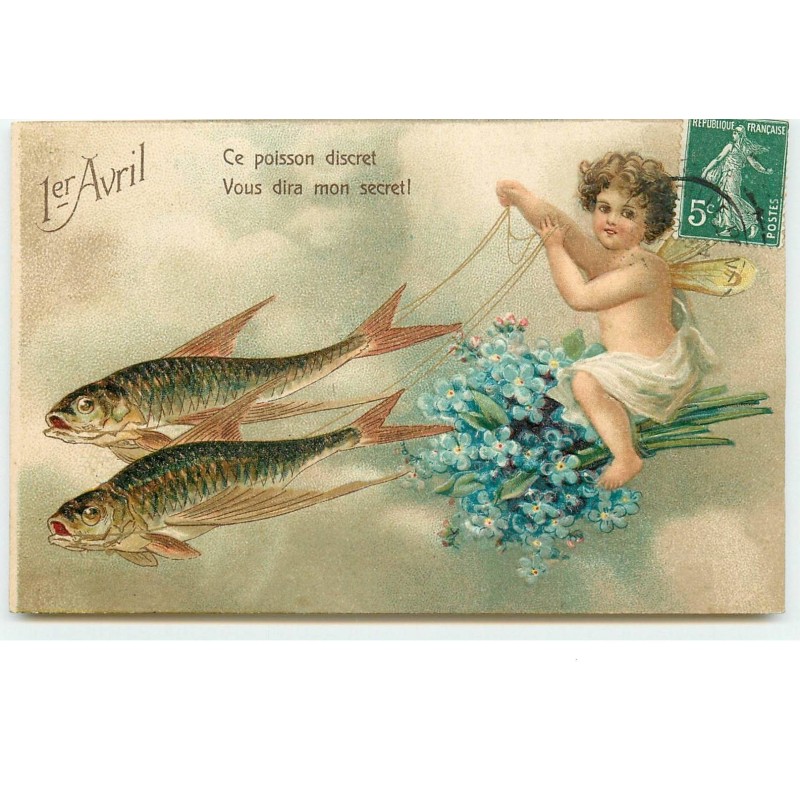 n°14779 - Carte Gaufrée - 1er Avril - CLapsaddle - Ange sur des fleurs  tiré par des Poissons