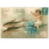 n°14779 - Carte Gaufrée - 1er Avril - CLapsaddle - Ange sur des fleurs  tiré par des Poissons