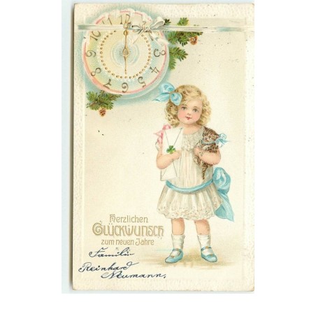 n°14791 - Carte Gaufrée - Herzlichen Glückwunsch zum neuen Jahre - Fillette tenant un chaton sous un pendule