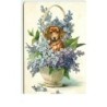n°14799 - Carte Gaufrée - Teckel dans un panier rempli de fleurs lilas