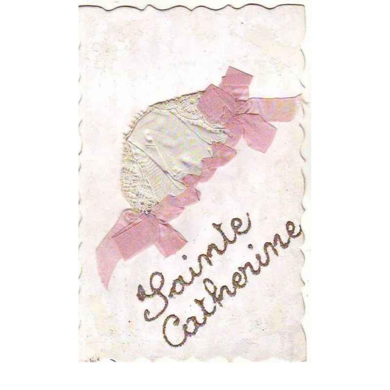 n°14801 - Sainte-Catherine - Bonnet en tissu blanc et ruban rose