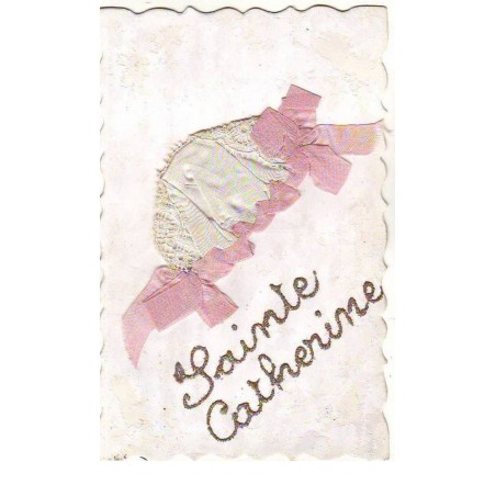 n°14801 - Sainte-Catherine - Bonnet en tissu blanc et ruban rose