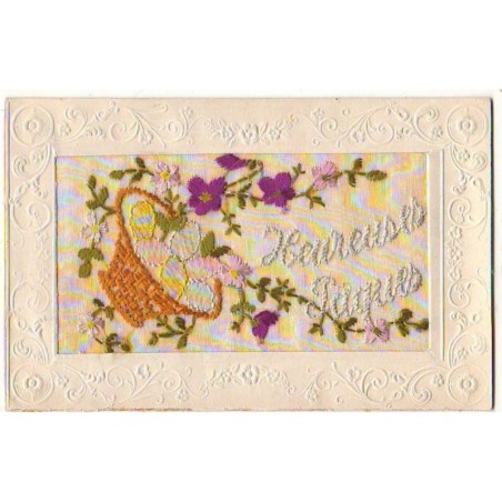 n°14811 - Carte Brodée - Heureuses Pâques - Panier rempli d'oeufs