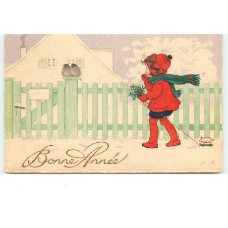 n°14813 - F. Baumgarten - Bonne Année - Fillette tirant un cochon en jouer arrivant devant une maison
