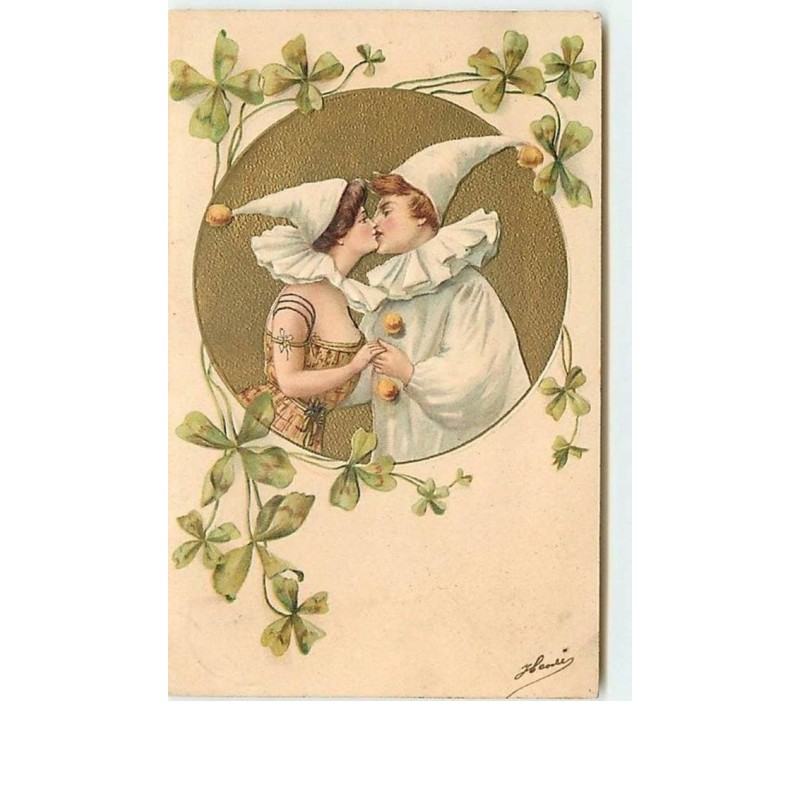 n°10467 - Carte Fantaisie Gaufrée - Pierrot et Colombine dans un Médaillon n°2