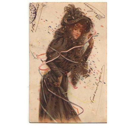 n°14828 - Jeune femme sous des confettis et du ruban de papier