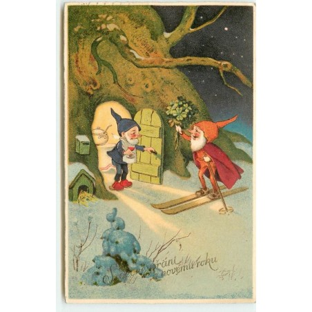 n°14830 - Lutins, l'un en ski apportant un bouquet de trèfles a 4 feuilles à un autre, ce dernier buvant