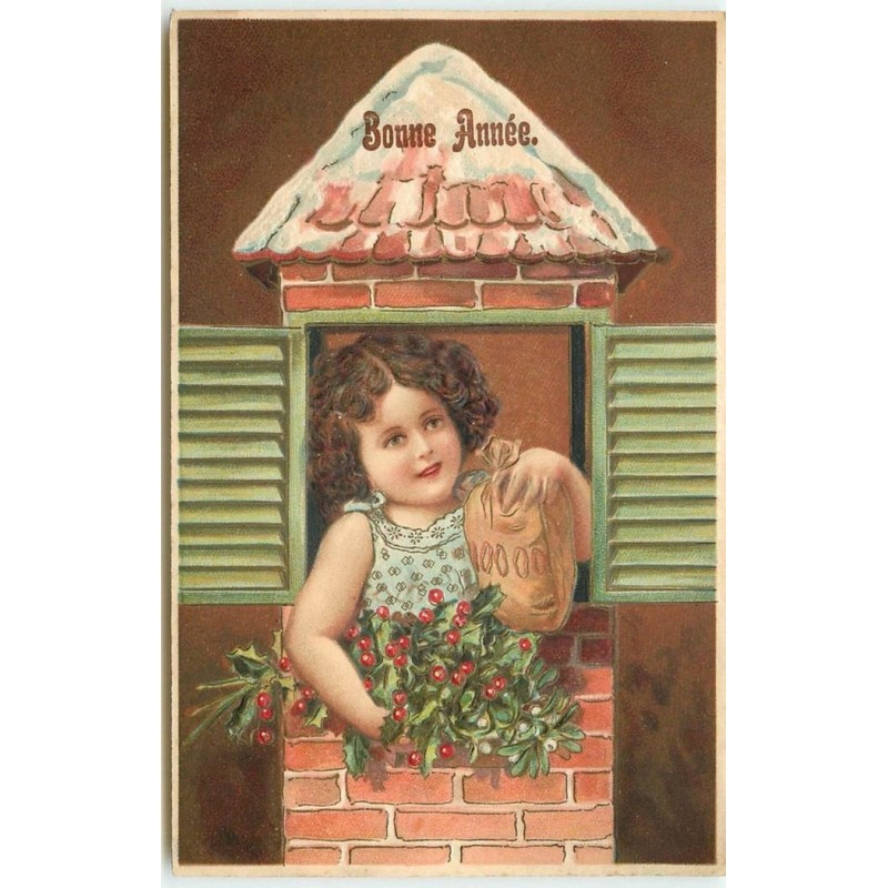 n°14834 - Carte Gaufrée - Bonne Année - Fillette à une fenêtre avec du houx et sac de pièces d'or