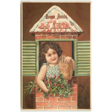 n°14834 - Carte Gaufrée - Bonne Année - Fillette à une fenêtre avec du houx et sac de pièces d'or