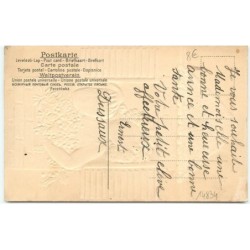 n°14834 - Carte Gaufrée - Bonne Année - Fillette à une fenêtre avec du houx et sac de pièces d'or