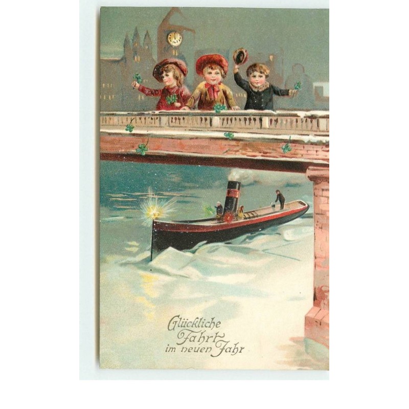 n°14839 - Carte Gaufrée - Glückliches Fahrt im neuen Jahr - Enfants sur un pont saluant un bateau