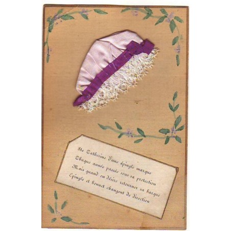 n°14859 - Sainte Catherine d'une épingle marque ... - Bonnet en tissu rose pâle et ruban violet, et bord en dentelle