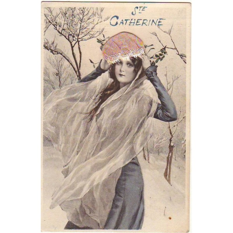 n°14860 - Sainte Catherine - Dessin d'une femme portant un bonnet rose - M.M. Vienne n°355