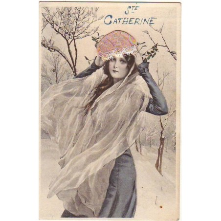 n°14860 - Sainte Catherine - Dessin d'une femme portant un bonnet rose - M.M. Vienne n°355