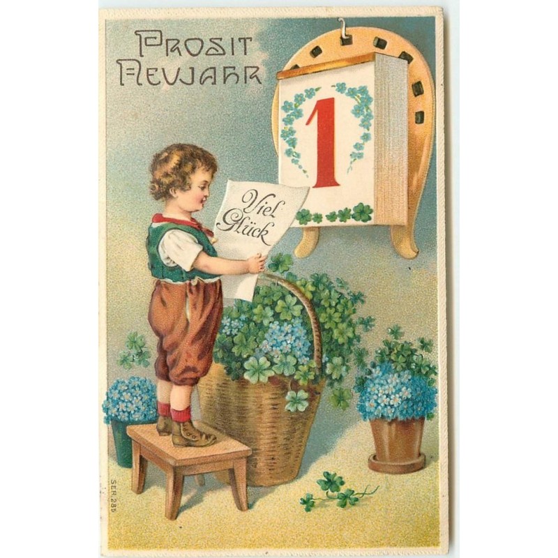 n°14880 - Carte Gaufrée - Prosit Neujahr - Garçon sur un tabouret