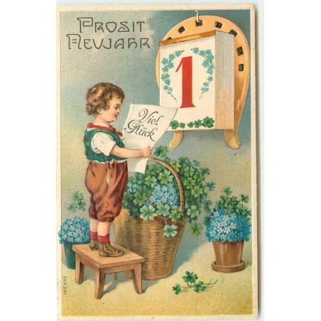 n°14880 - Carte Gaufrée - Prosit Neujahr - Garçon sur un tabouret