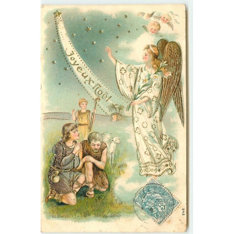 n°14882 - Carte Gaufrée - Joyeux Noël - Ange bénissant un couple de paysans