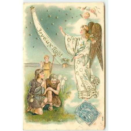n°14882 - Carte Gaufrée - Joyeux Noël - Ange bénissant un couple de paysans