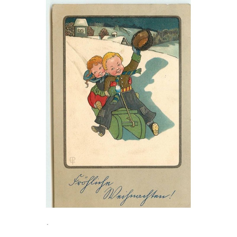 n°14889 - Carte Gaufrée - Style Caspari - Couple d'enfant sur une luge