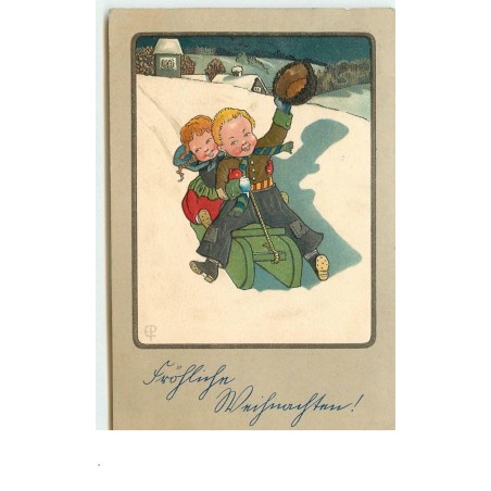 n°14889 - Carte Gaufrée - Style Caspari - Couple d'enfant sur une luge