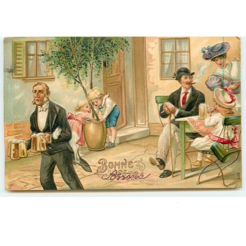 n°14891 - Carte Gaufrée - Bonne Fête - Famille à une terrase de café